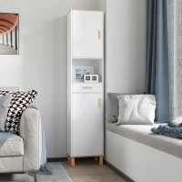 kleankin Mobile Bagno Salvaspazio in Legno, Mobile a Colonna con Armadietti e Cassetto, 39x30x180cm, Bianco(m-7)