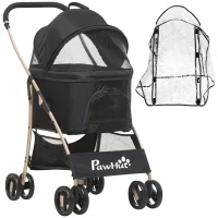 PawHut Detachable Pet Stroller with Rain Cover, 3 In 1 Cat Dog Pushchair, Foldable Carrying Bag w/ Universal Wheels, Brake, Canopy, Basket, Storage Bag for Small and Tiny Dogs - Black(m-1)