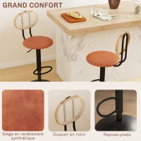 HOMCOM Lot de 2 tabourets de bar chaises de bar hauteur réglable avec dossier en rotin et repose-pieds, marron(m-5)