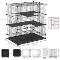 PawHut Cage parc enclos rongeurs modulable dim. L 111 x l 75 x H 119 cm 3 niveaux 4 portes fil métallique noir(m-3)