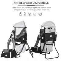 HOMCOM Zaino Porta Bimbo per Trekking, Pieghevole, Impermeabile e con Tettuccio Rimovibile 38x77x87.5cm, Grigio(m-5)