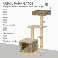 PawHut Rascador Árbol para Gatos 60x40x109 cm con Cueva de Ratán Cojín Plataformas Cama Bolas de Juego y Postes de Rascar de Sisal Natural Beige y Marrón(m-4)