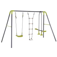 HOMCOM Balançoire 3 agrès portique avec balançoire, échelle et Face à Face dim. 2,95L x 1,38l x 1,75H m métal époxy anticorrosion PE Gris Anthracite Vert Pomme(m-1)