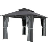 Outsunny 3 x 4m Hardtop Gazebo Canopy with UPF30+ Double Polycarbonate Roof, Aluminium Frame Garden Gazebo Permanent Pavilion with Mosquito Netting and Curtains for Patio, Deck, Grey(m-11)