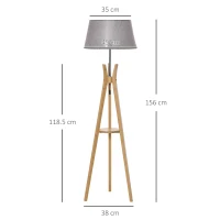 HOMCOM Natural Wood Tripod Floor Lamp Light E27 Base Bedroom Living Room Fabric Shade Storage Shelf Foot Switch, 156cm, Grey(m-3)