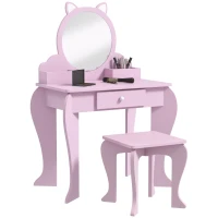 ZONEKIZ Kids Vanity Table with Mirror, Stool, Drawer, Storage Boxes, Cat Design, for Ages 3-6 Years - Pink(m-1)