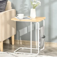 HOMCOM Table Basse Table d'appoint guéridon Bout de canapé 2 Pochettes de Rangement Tissu Gris châssis métal Blanc Plateau Aspect Bois Clair(m-2)