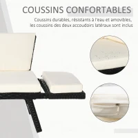 Outsunny Canapé lit de jardin extensible 3 places grand confort 4 coussins crème inclus résine tressée imitation rotin noir(m-6)