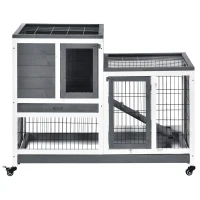 PawHut Wooden Indoor Rabbit Hutch Guinea Pig House Bunny Small Animal Cage W/ Wheels Enclosed Run 110 x 50 x 88 cm, Grey(m-8)