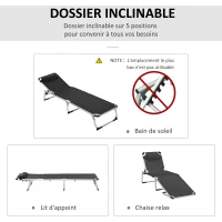 Outsunny Bain de soleil chaise longue pliante avec appuie-tête, transat inclinable en aluminium et textilène, transat jardin extérieur pour plage relax camping piscine terrasse, 165x60x76cm, noir(m-5)
