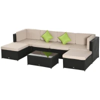 Outsunny Set da 7 Pezzi Salotto da Esterni in Rattan con Poltrona Pouf Tavolino Nero e Beige(m-10)