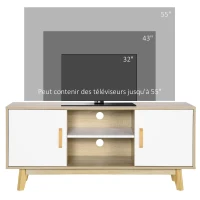 HOMCOM Meuble TV Banc TV scandinave 2 niches et 2 rangements avec Portes - dim. 120I x 40P x 55H cm - Bois Blanc Chêne(m-7)