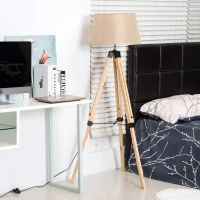 HOMCOM Lámpara de Pie Moderna con Trípode Altura Ajustable 65x65x99-143cm 40W E27 de Madera y Pantalla de Tela Lino(m-2)