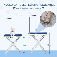 PawHut Tavolo Toelettatura Pieghevole con Maniglia Integrata, Braccio Regolabile e Guinzaglio, 70x45x74-81cm, Blu(m-4)