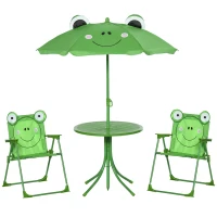 Outsunny Ensemble Salon de Jardin Enfant 4 pcs Design Grenouille - Table Ronde + 2 chaises Pliables + Parasol - métal époxy Oxford Vert(m-10)