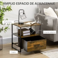 HOMCOM Mesita de Noche con 1 Cajón de Tela Plegable Mesa Auxiliar para Oficina Estudio 45x40x50,5 cm Marrón Rústico(m-4)