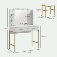 HOMCOM Dressing Table with Lighted Mirror, Cushioned Stool, Drawers, Shelves, LED Makeup Vanity Desk Set, Modern Dresser Vanity Table for Bedroom, White(m-3)