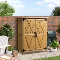 Outsunny Armadio da Giardino Porta Attrezzi in Legno con 2 Ante e 4 Scaffali, Piano in Lamiera, 75x40x90 cm(m-2)