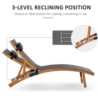Outsunny Ergonomic Patio Lounge Chair Wooden Outdoor Chaise w/ 3 Adjustable Back and Removable Headrest Pillow for Garden Black(m-6)
