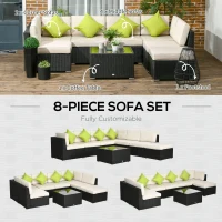 Outsunny 8 Pieces PE Rattan Corner Sofa Set, Outdoor Garden Furniture Set, Patio Wicker Sofa Seater w/ Cushion, Washable Cushion Cover & Tempered Glass Table, Black(m-6)