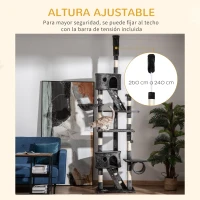 PawHut Árbol para Gatos de Suelo a Techo de 240-260 cm con Altura Ajustable Múltiples Plataformas Cuevas Cestos y Rampas Gris(m-5)