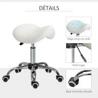 HOMCOM Tabouret à roulettes, tabouret de massage avec hauteur réglable 49-61 cm et selle ergonomique, chaise de travail à roulettes pivotant 360°, pour salon de massage, tatouage, clinique, spa, blanc(m-5)