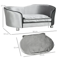 PawHut Dog Sofa Pet Chair, Kitten Bed Couch w/ Wooden Frame, Removable Cushion - Silver-Tone and Grey(m-3)