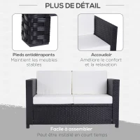 Outsunny Canapé de jardin 2 places canapé droit 4 coussins déhoussables 130L x 70l x 80H cm résine tressée noire(m-6)