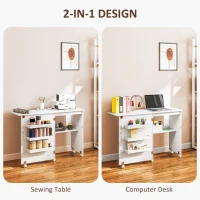 HOMCOM Folding Sewing Table, Drop Leaf Craft Table with Storage Bins, Open Shelf and Wheels, Rolling Sewing Machine Cabinet Computer Desk for Small Space, White(m-6)