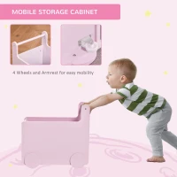 HOMCOM Wooden Toy Box Baby Learning Walker Kids Storage Chest Cabinet Rolling Shopping Cart Push Toy for Toddler 1-4 Years, Pink(m-5)