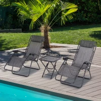 Outsunny 3pcs Folding Zero Gravity Chairs Sun Lounger Table Set w/ Cup Holders Reclining Garden Yard Pool, Light Grey(m-2)