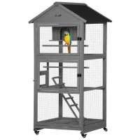 PawHut Bird Cage budgie cage Wooden Outdoor Aviary with Wheels  for Canary Finch with Asphalt Roof Perch Nest Ladder Slide-out Tray, Grey(m-11)