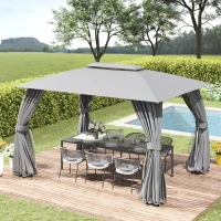 Outsunny Gazebo da Giardino 4x3m con Doppio Tettuccio, Pareti in Poliestere e Struttura in Acciaio, Grigio(m-2)