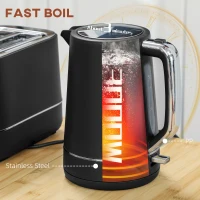HOMCOM Kettle and Toaster Set, 1.7L 3000W Fast Boil Kettle & 2 Slice Toaster Kitchen Set with 6 Level Browning Controls, Defrost, Reheat, Black(m-4)