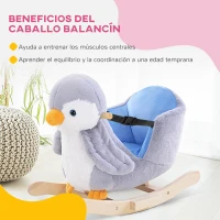 HOMCOM Caballito Balancín para Bebés +18 Meses Forma de Pingüino Caballo Balancín de Madera Músicas Infantiles 60x33x50 cm Gris(m-5)