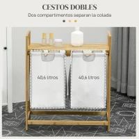 HOMCOM Cesto de la Ropa Sucia de Bambú con 2 Bolsas Extraíbles y Estante Carga 20kg 2x40,6L 64x33x73 cm Natural(m-4)