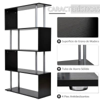HOMCOM Librería en Forma S Estantería para Libros de 4 Niveles Mueble Estantería para Salón Oficina Estudio 80x30x145 cm Negro(m-5)