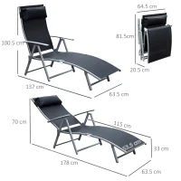 Outsunny Sun Lounger Steel Frame Outdoor Folding Chaise Texteline Lounge Chair Recliner with Headrest & 7 Levels Adjustable Backrest, Black(m-3)