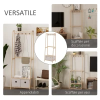 HOMCOM Appendiabiti in Legno Naturale con 4 Ganci, 3 Mensole e 2 Cassetti in Tessuto, 58x36x168cm(m-6)