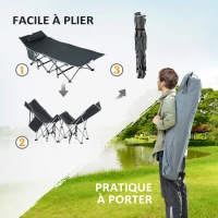 Outsunny Bain de soleil transat chaise longue pliable avec oreiller pochette latérale sac de rangement intégrée métal et tissu oxford 188 x 64,5 x 53 cm gris(m-5)
