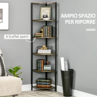 HOMCOM Libreria Moderna Angolare a 6 Ripiani in Metallo e MDF, 34x34x166cm, Marrone e Nero(m-5)