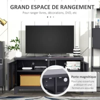 HOMCOM Meuble TV banc télévision design industriel 2 placards avec 2 étagères réglables passe-câbles structure acier noir(m-4)