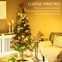 HOMCOM 6' Artificial Prelit Christmas Trees Holiday Décor with Warm White LED Lights, Auto Open, Tinsel, Ball, Star(m-4)