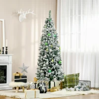 HOMCOM 6 Ft Snow Flocked Artificial Christmas Tree, Xmas Pencil Tree with Realistic Branches, Auto Open, Pinewood Base, Green(m-10)