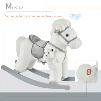 HOMCOM Cavallo a Dondolo per Bambini in Peluche e Legno con Suoni e Orsetto Incluso, per Bimbi da 18-36 Mesi, 65x26x55cm, Bianco(m-4)