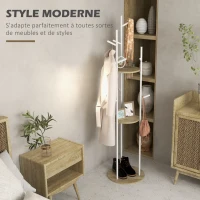 HOMCOM Porte-manteaux sur pied meuble d'entrée en acier avec 9 crochets et 2 étagères rondes Ø 40 x 167 cm naturel et blanc(m-4)