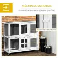 PawHut Conejera de Madera de 2 Niveles con Ruedas 2 Puertas Techo Abatible y Bandejas Extraíbles 119x50,5x109 cm Blanco y Gris(m-5)