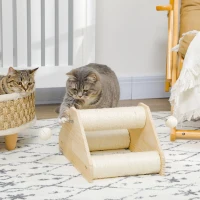 PawHut Griffoir grattoir pour chat 3 rouleaux sisal et 2 pompons sur ressort 40 x 27,5 x 21 cm bois et sisal(m-2)