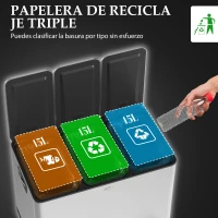 HOMCOM Papelera Cocina de Acero Inoxidable con 3 Compartimentos 3x15L con Pedales Tapas de Cierre Suave y Cubo Extraíble Plata(m-4)