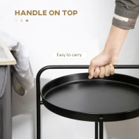 End Table,2-Tier Round Side Table with Detachable Tray & Plastic Rattan Shelf, Metal Frame Nightstand Bedside Table for Living Room, Bedroom, Black(m-7)